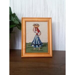 Vintage Framed Needlepoint, Woman with Basket, 5x7